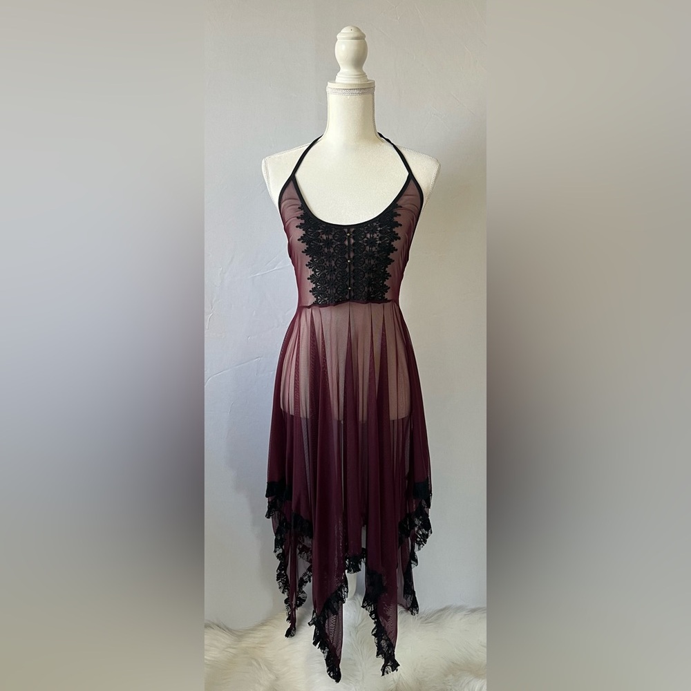 Hold Your Colour Burgundy Mesh Halter Dress with Black Lace Appliqué